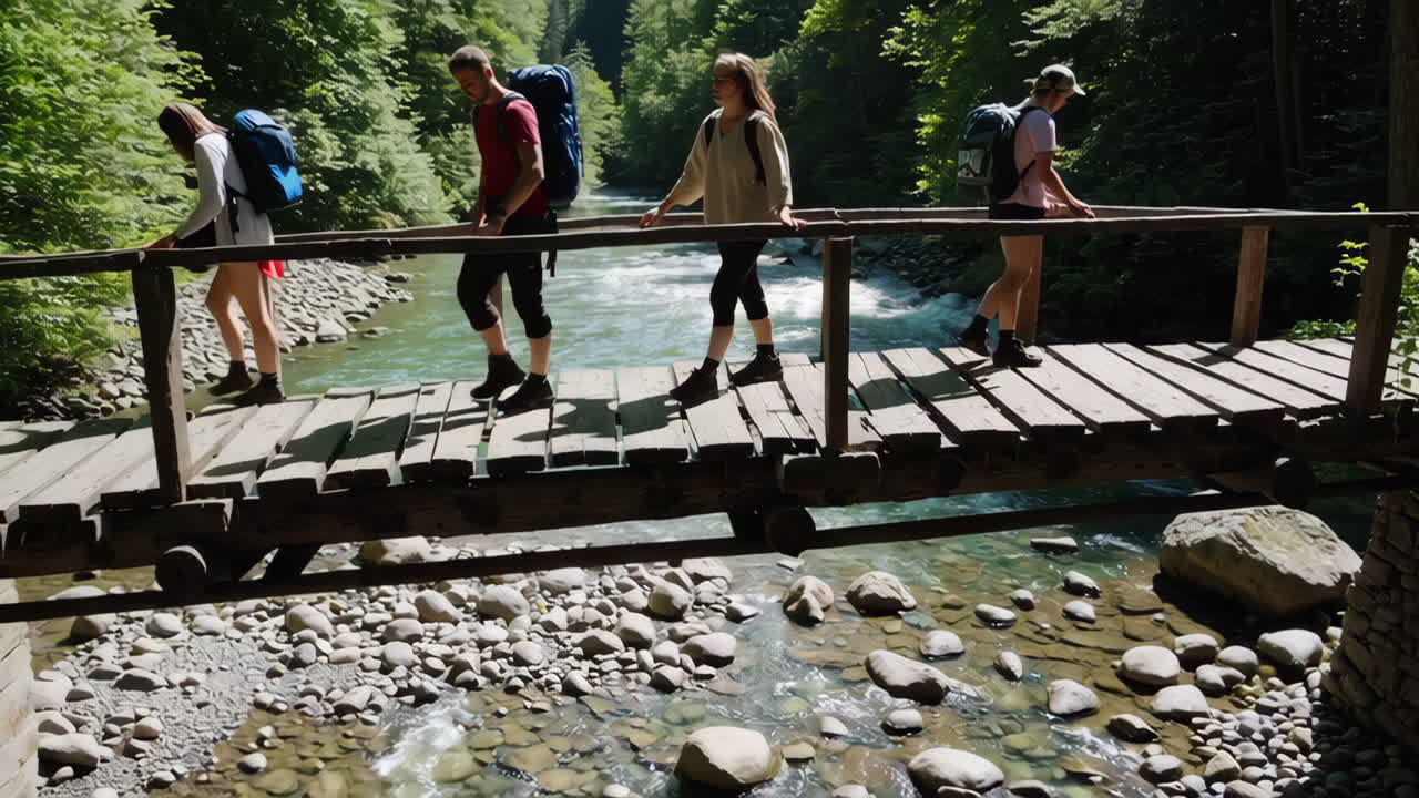 Hikers crossing a wooden bridge over a river in a forest