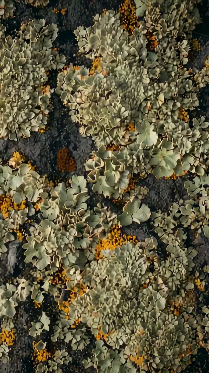 Video verticale: carrellata che rivela licheni fogliosi su roccia, mostrando apoteci arancioni