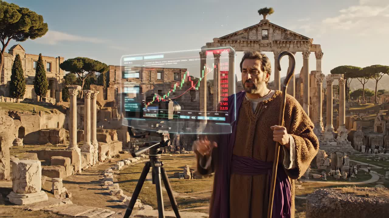 Man using financial technology in the Roman Forum
