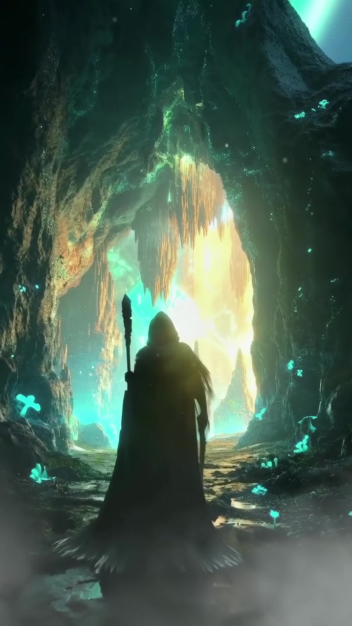 Figura ammantata in piedi in una grotta fantastica bioluminescente