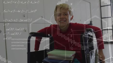 Animation-of-maths-calculations-and-geometry-over-happy-caucasian-schoolboy-in-wheelchair