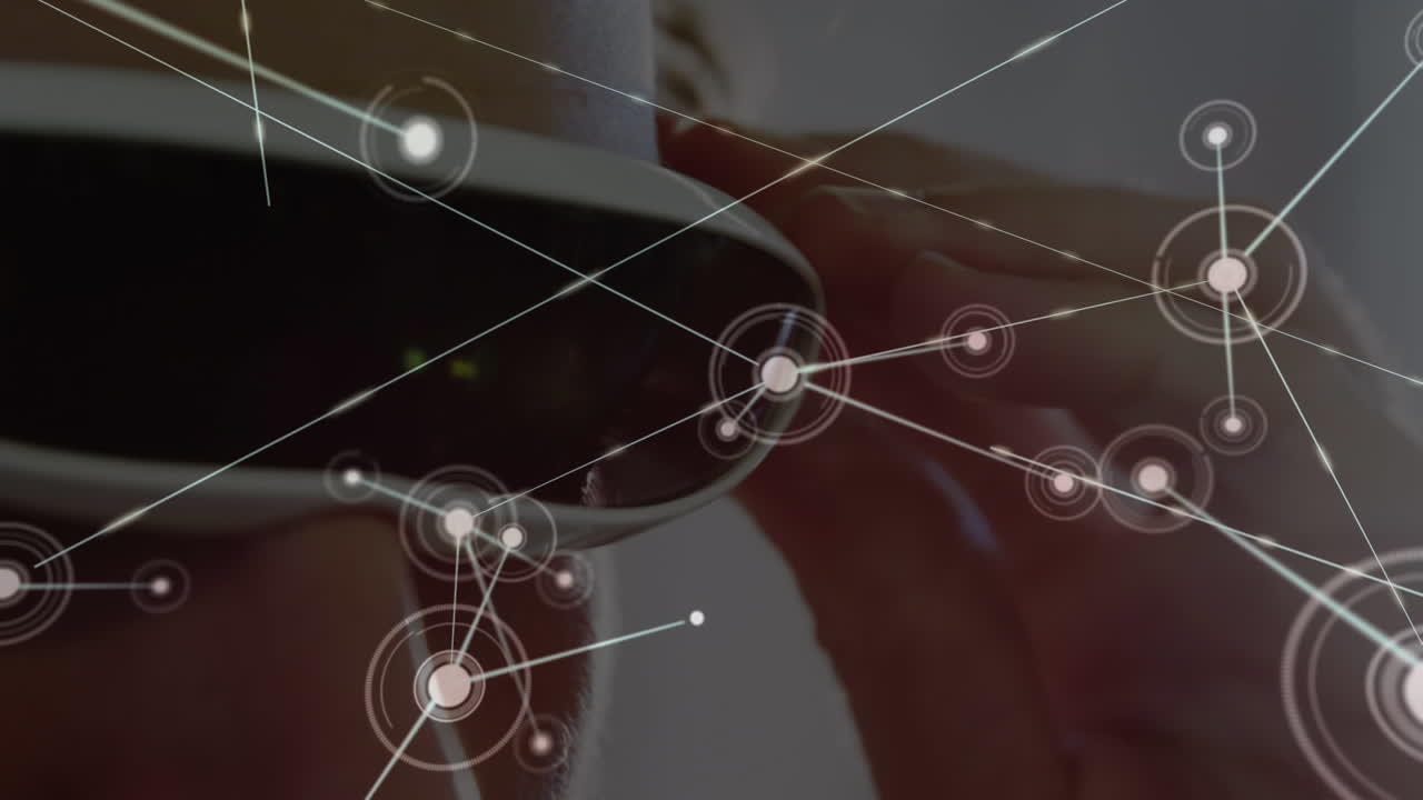 animación de la red de conexiones sobre el hombre que usa auriculares vr