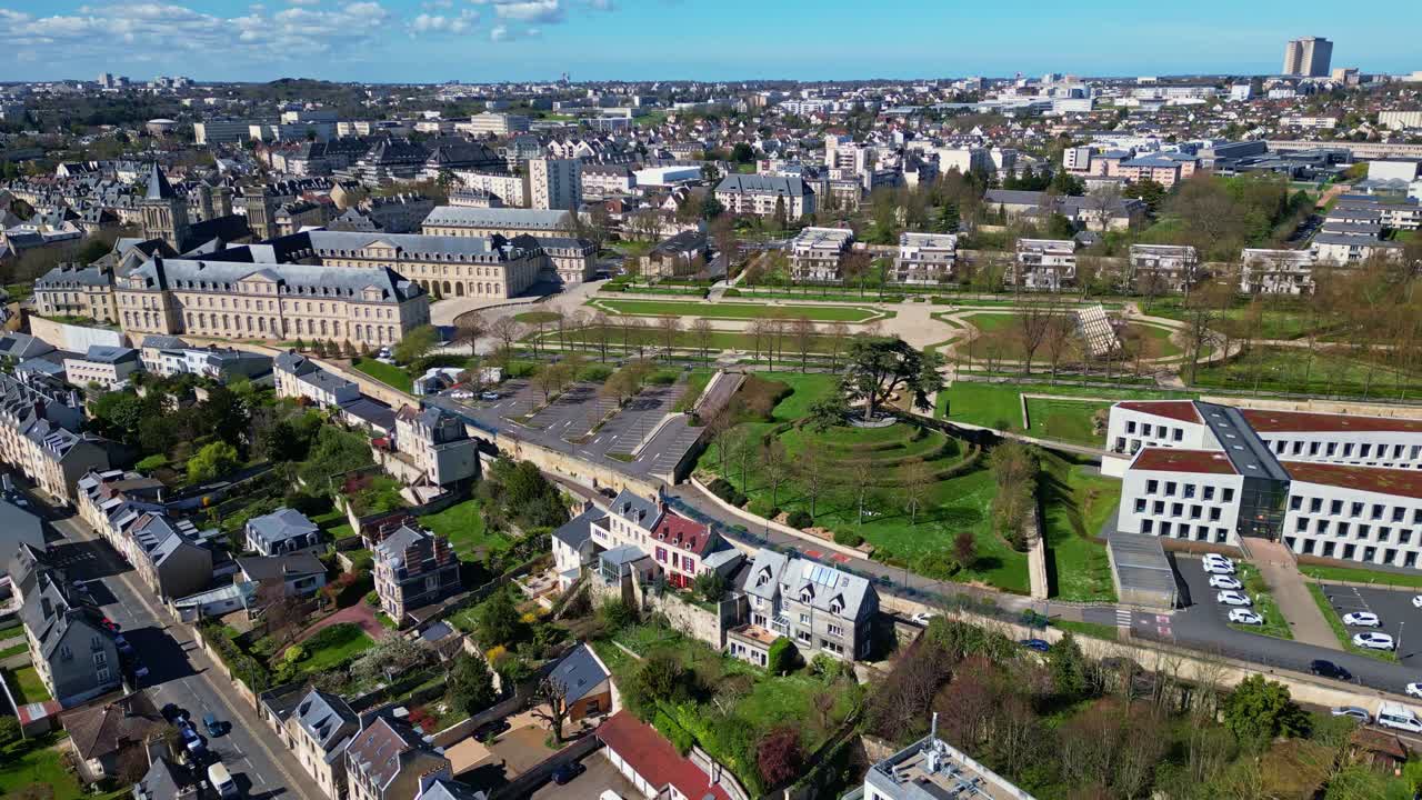 Abbaye aux Dames or Abbey women at Caen, cityscape, Normandy in France. Aerial drone backward