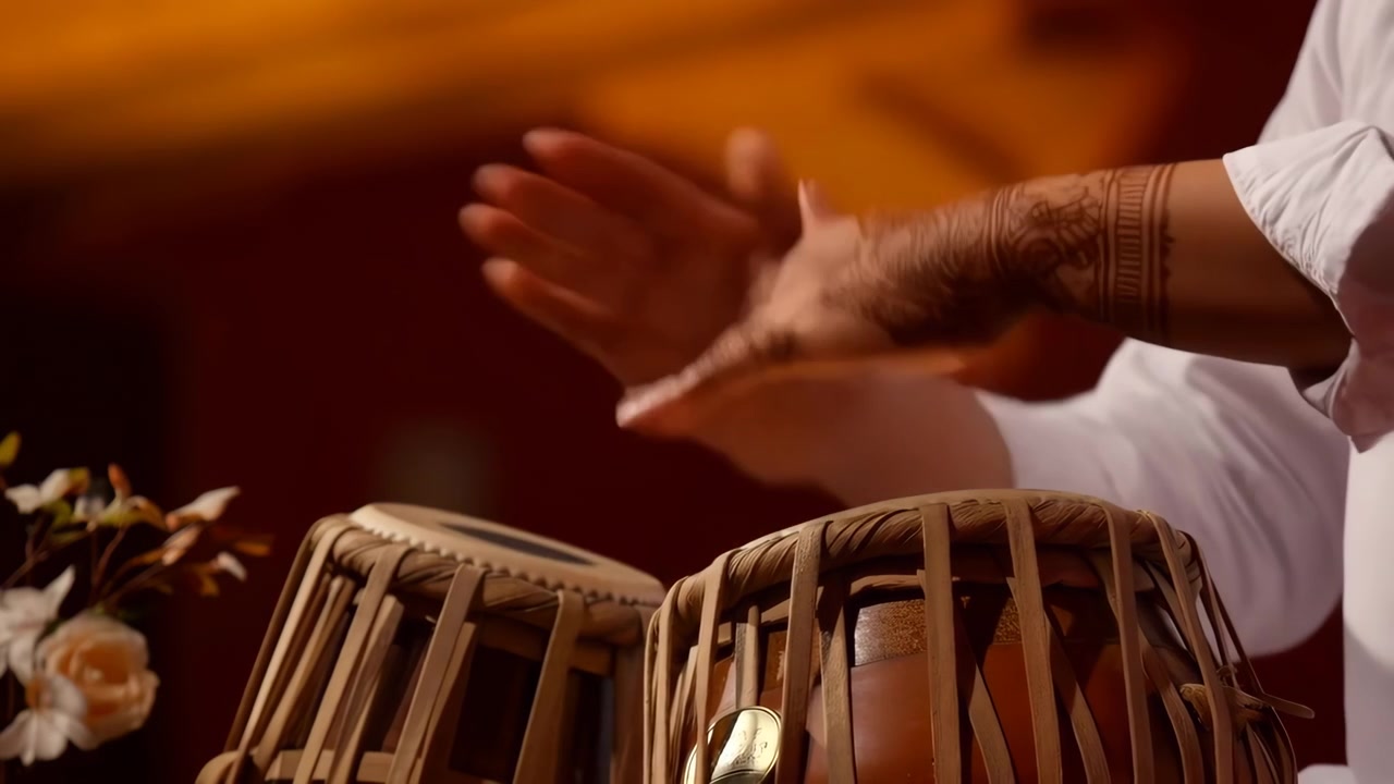 Low-angle view of hands playing paired tabla drums, palms and fingers striking drumheads with visible energy, warm amber lighting, rich texture, focused performance atmosphere, with tabla, drum