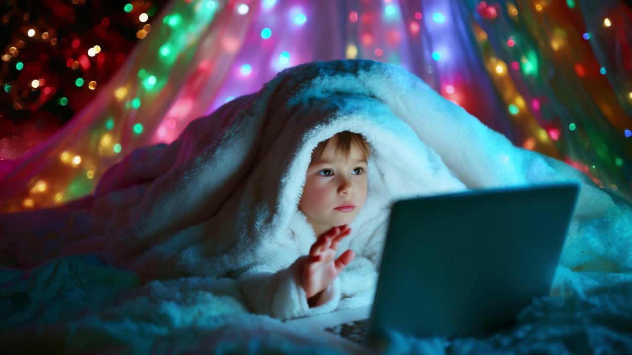 Cozy Child Engrossed in Computer Under a Blanket Surrounded by Colorful Christmas Lights, Capturing the Warmth of Winter and the Magic of Technology at Home