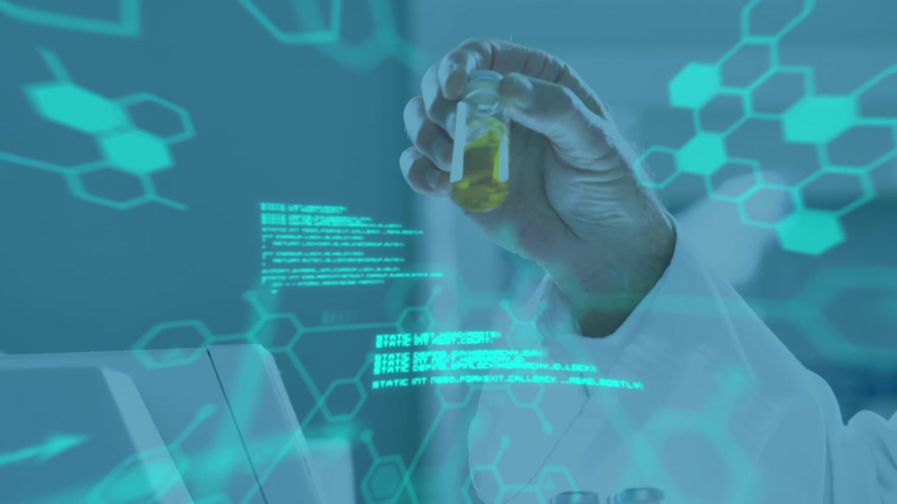 Animazione di elaborazione dati su medico con fiala