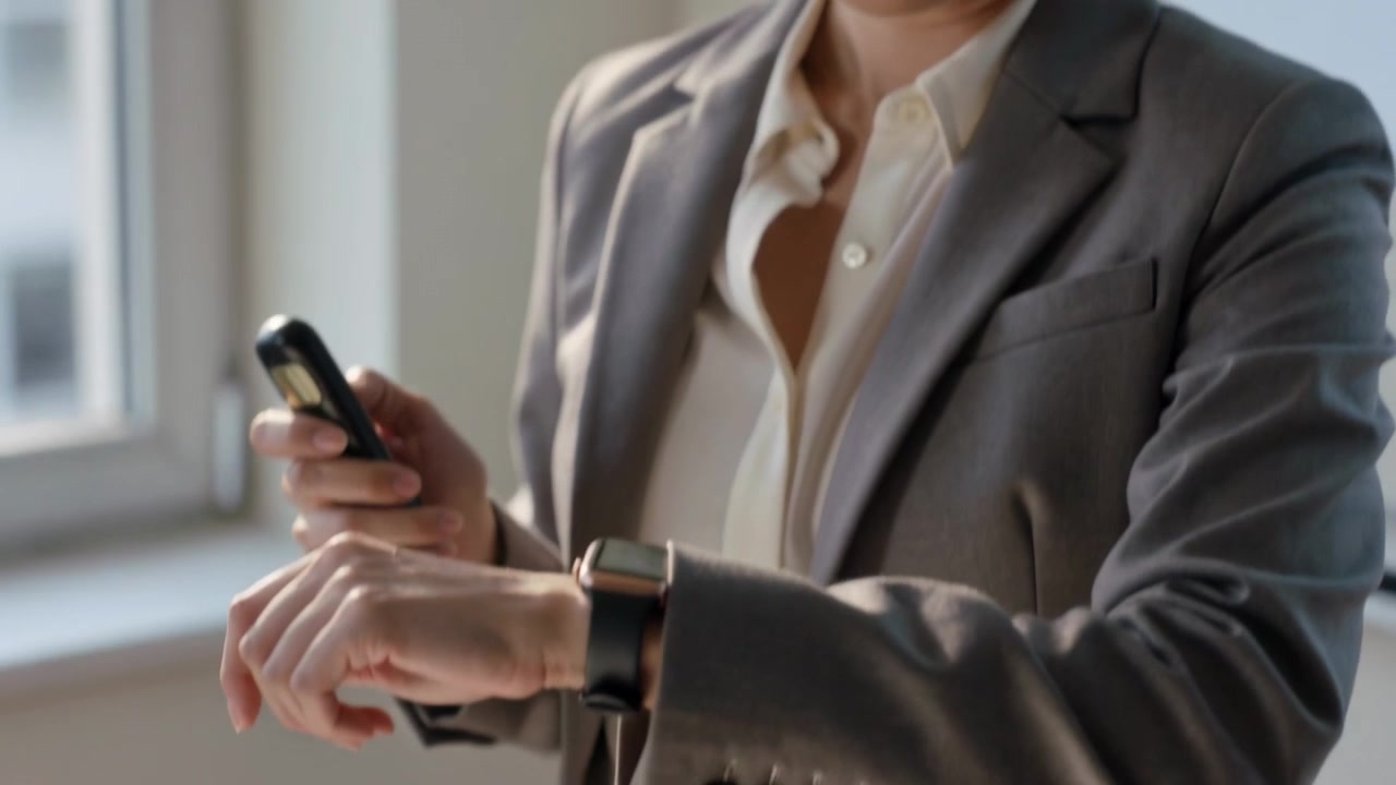 Receiving alert, Asian woman in grey blazer reaching for phone and checking smartwatch in meeting