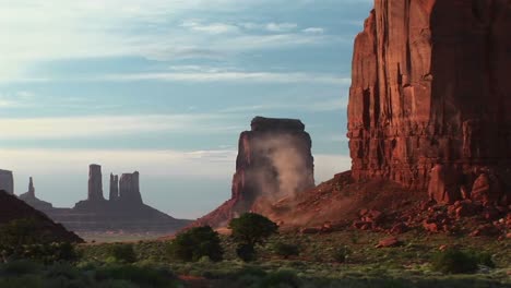 Medium-Shot-Of-Sandstorm-Dust-Blowing-Through-Monument-Valley-Tribal-Park-In-Arizona