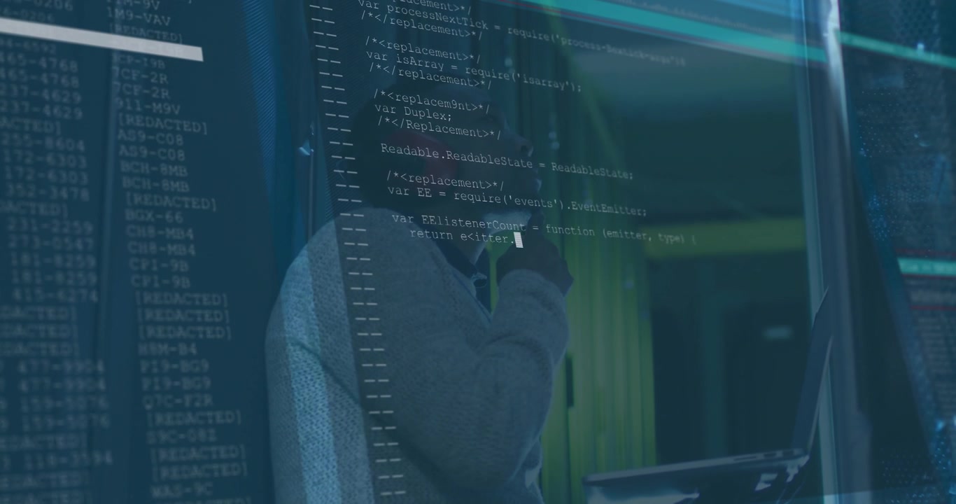 IT engineer entering data center, examining scrolling code modules for debugging on glass display