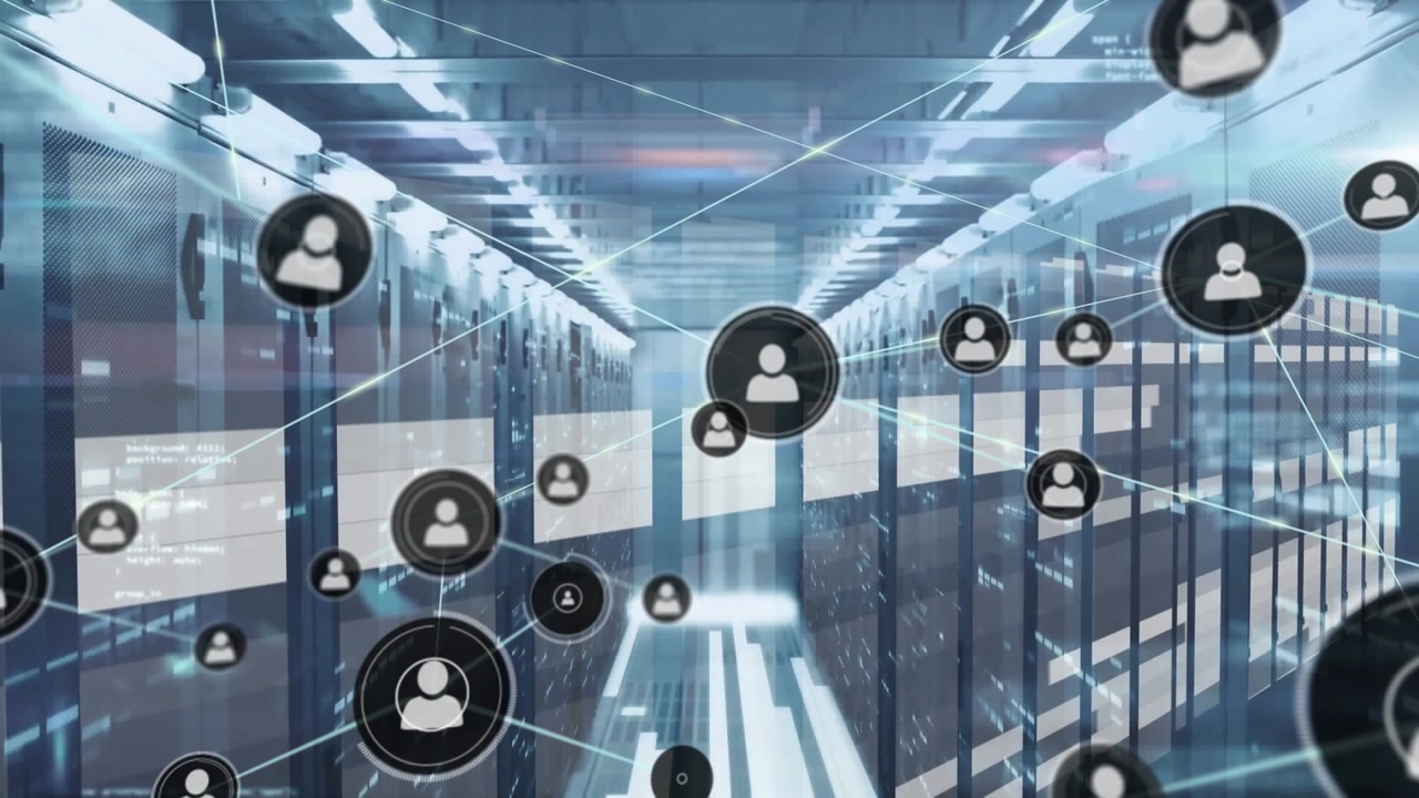 Animation of network of connections and data processing over server room