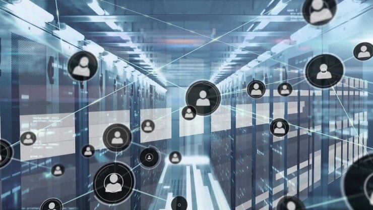Animation of network of connections and data processing over server room