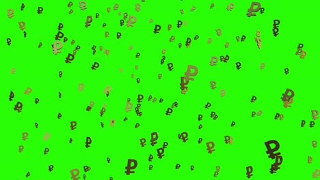 los signos del rublo ruso dorado caen en la pantalla verde. 4k