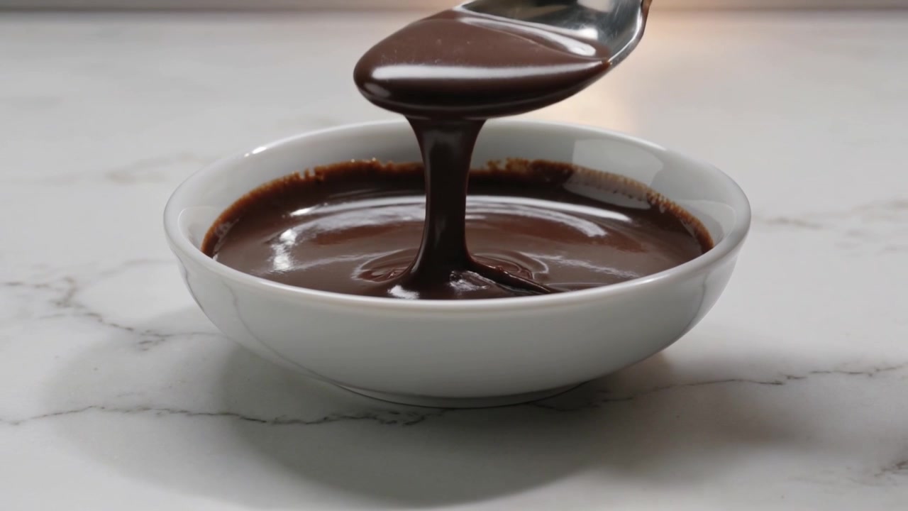 Cucchiaio che entra da destra, una mano preleva cioccolato da una ciotola bianca su marmo, testando la consistenza.