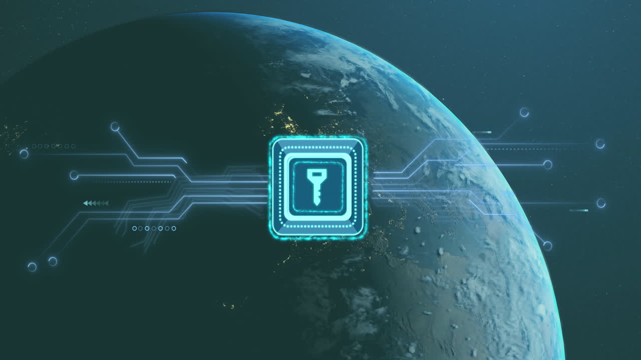 데이터 연결과 함께 지구 위의 디지털 키 아이콘 애니메이션