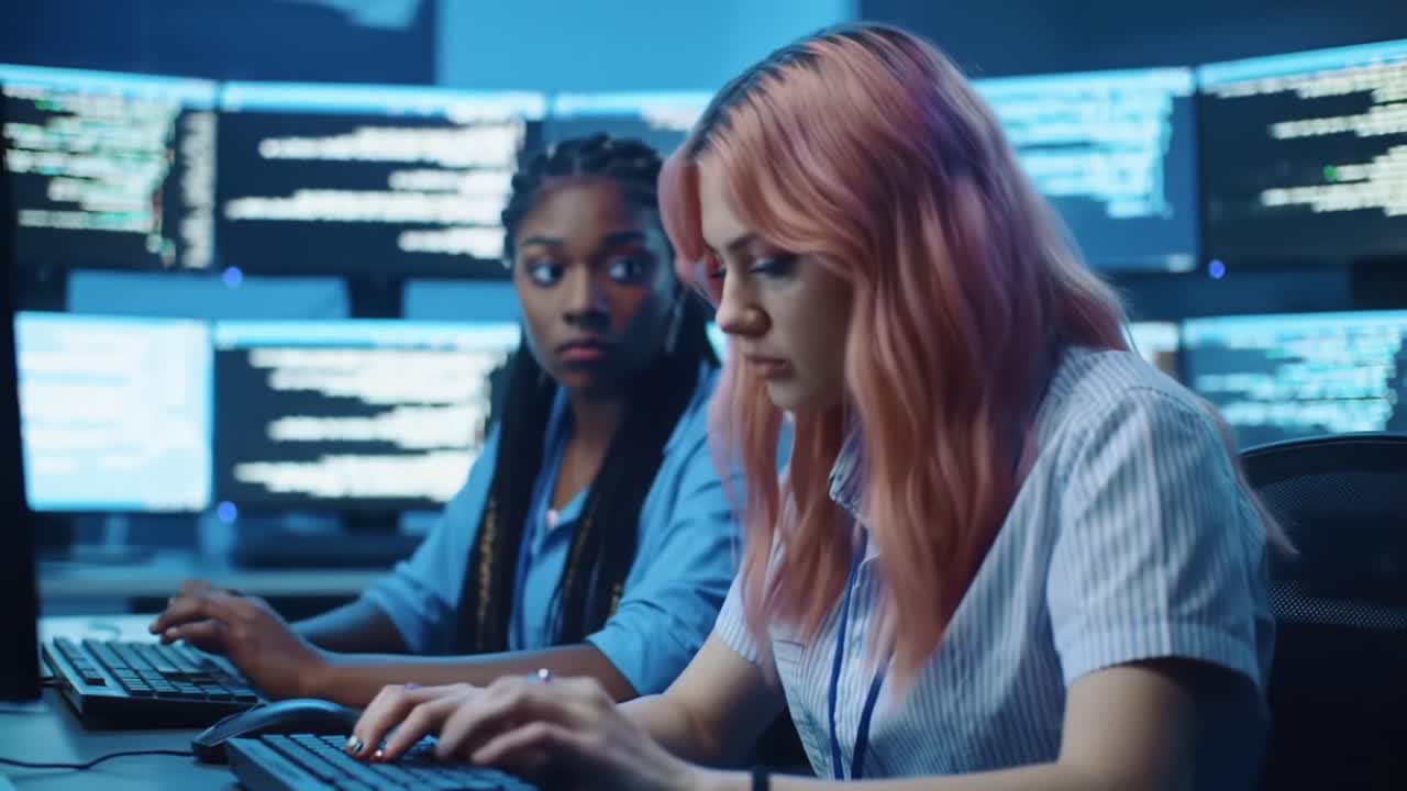 Two Diverse Women Focused on Computer Programming in a High-Tech Environment Surrounded by Multiple Monitors Displaying Code and Data Analysis