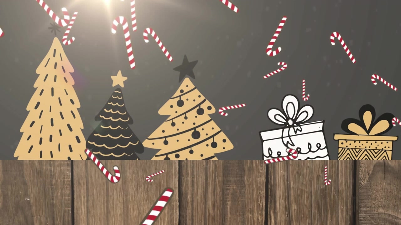 Viene mostrato un primo piano di un gradiente dal grigio al bianco, con alberi di Natale e regali in basso.