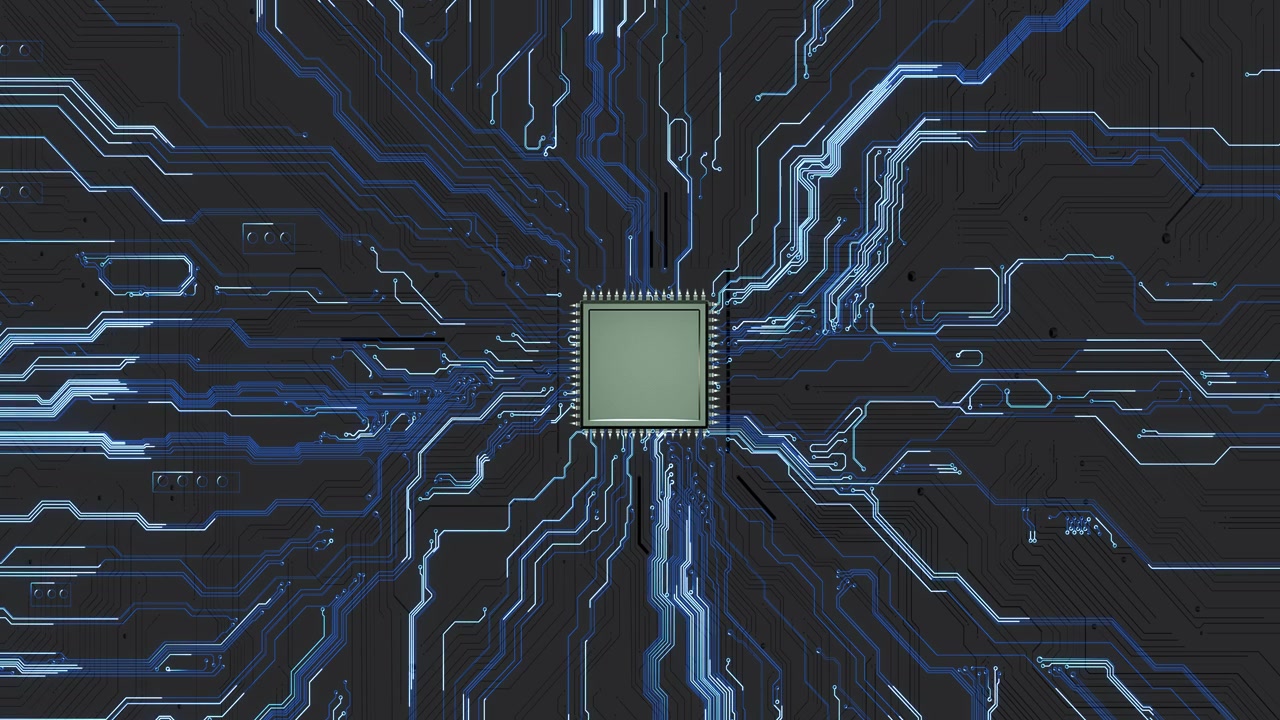 Circuit board processor technology background central microchip blue electric paths hardware surface