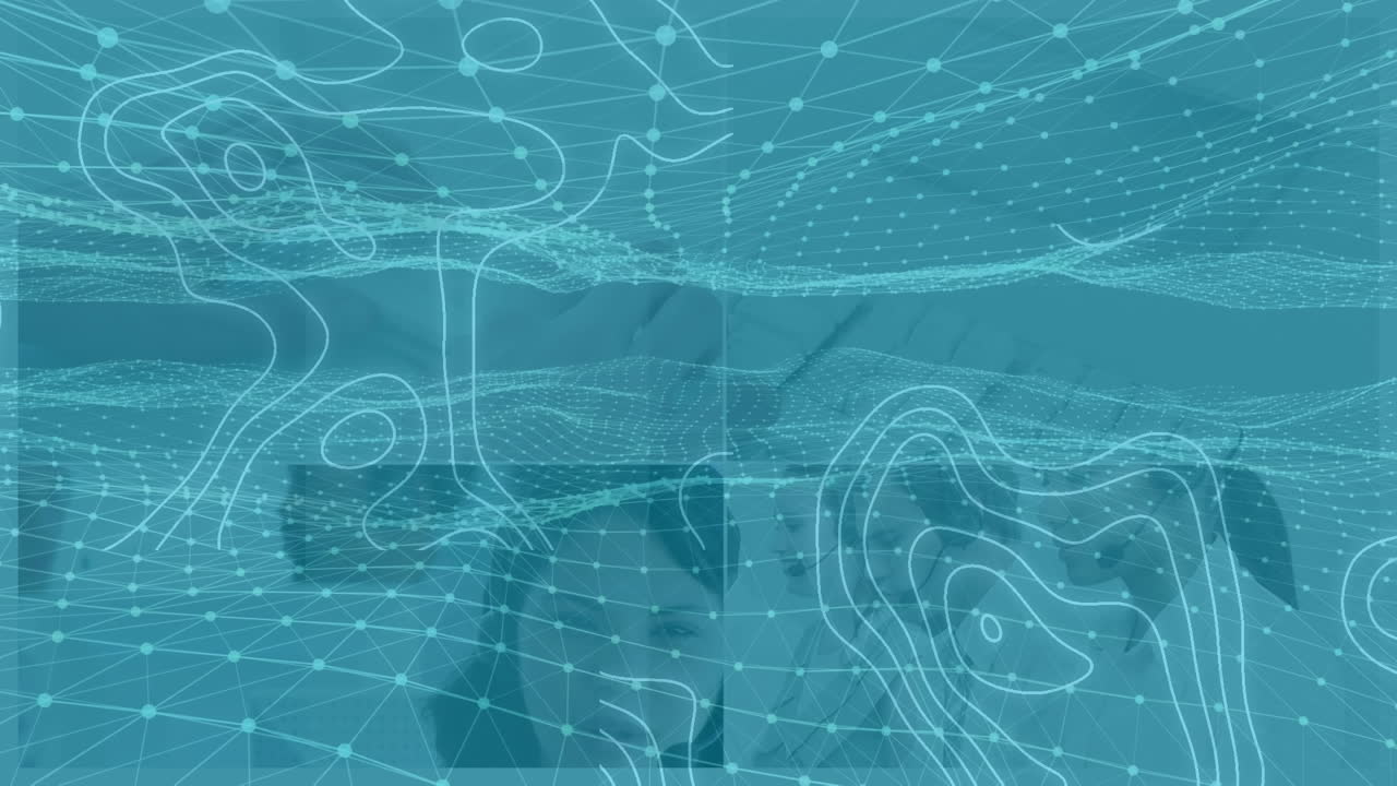 Animation of digital wave and topography over team of diverse customer care executives smiling