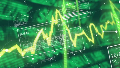 financial data and stock market analysis animation over green background with graphs