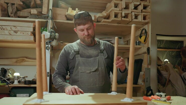 Craftsman works at his workbench assembling or inspecting wood furniture parts. Man manipulates wooden table leg while surrounded by various tools and materials in workshop