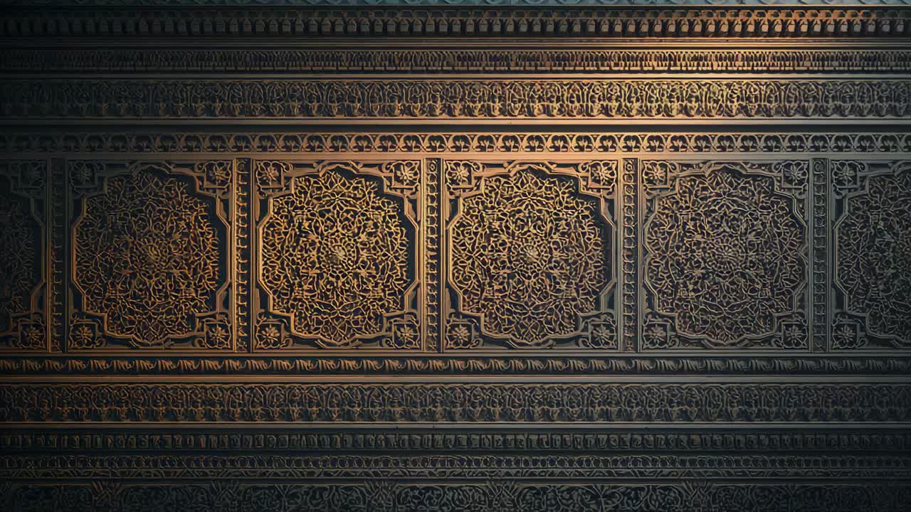 Sweeping warm light, slow camera revealing ornate carved panels in hall, showing rosette medallions