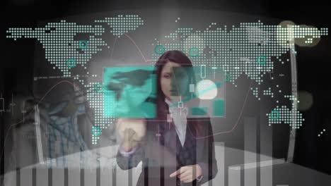 Animation-of-businesswoman-using-touchscreen-with-map-and-interface-processing-data