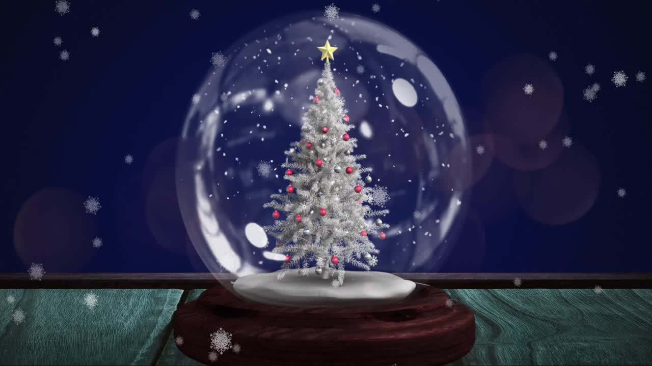 나무 표면 에 있는 스노우 글로브 에서 크리스마스 트리 주위 를 회전 하는  ⁇ 는 별 의 디지털 애니메이션