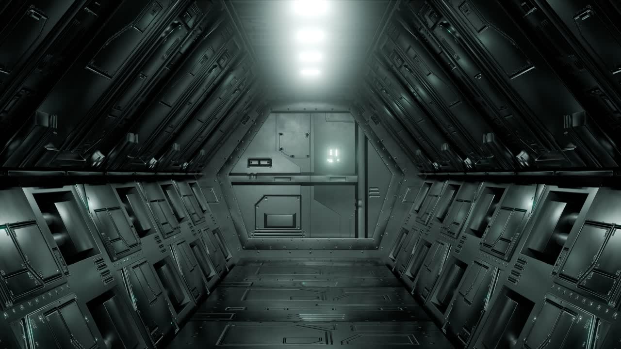 A futuristic spacecraft door with neon lights, animation loop