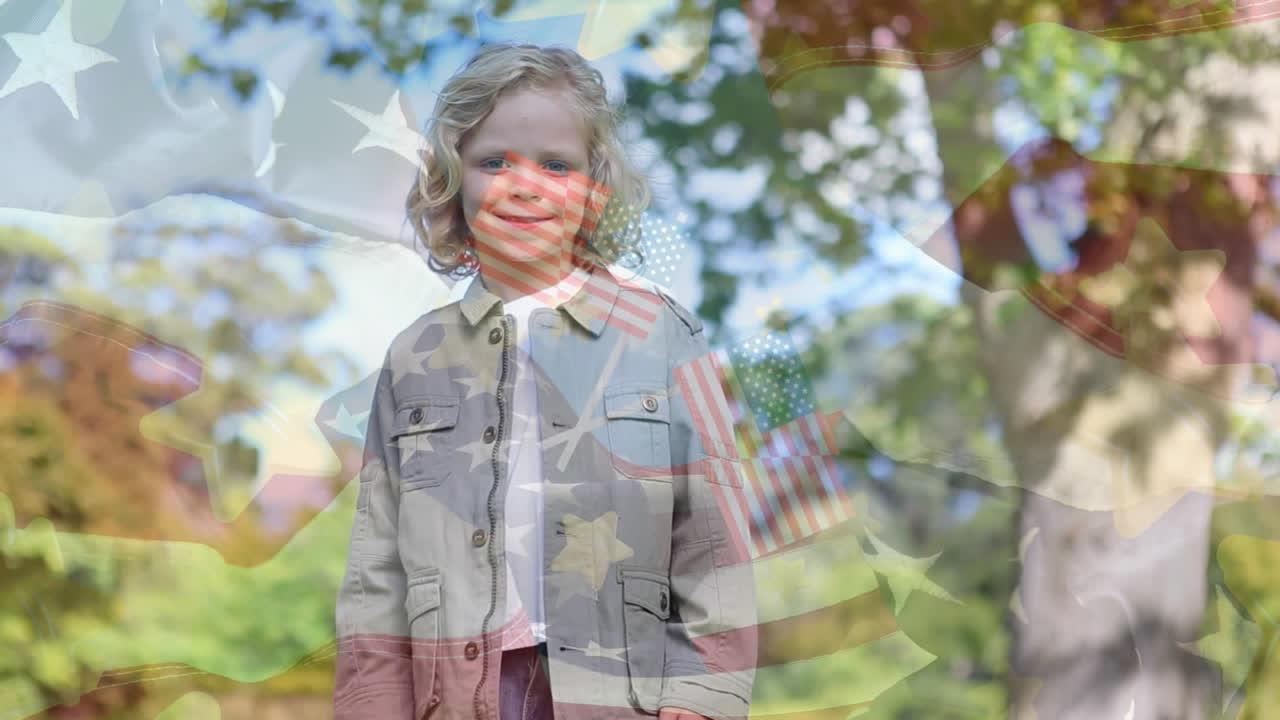 animación de la bandera de los estados unidos sobre un niño caucásico
