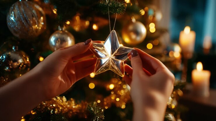 Illuminated Star Ornament Hanging on a Christmas Tree with Glowing Lights and Soft Candle Glow, Captured in Two Frames Showcasing the Festive Spirit and Warm Ambiance of the Holiday Season