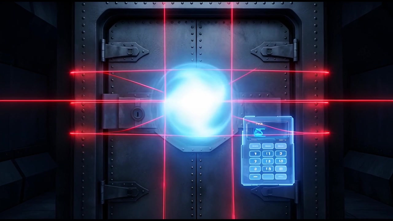 High-Tech Vault Door Protected by Red Laser Grid and Digital Keypad