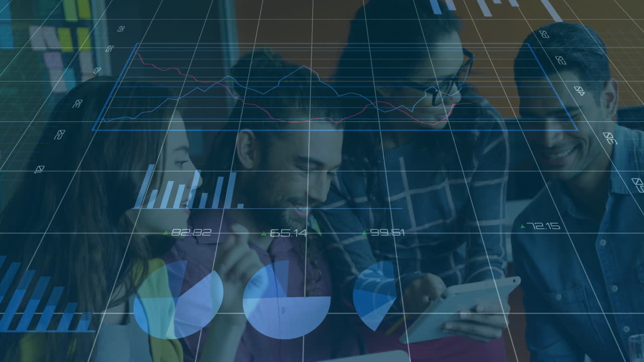 Collaborating on animation, diverse group using tablet with data charts in school