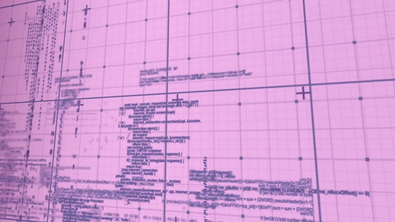 Animation with technical data and code on pink grid background for school projects
