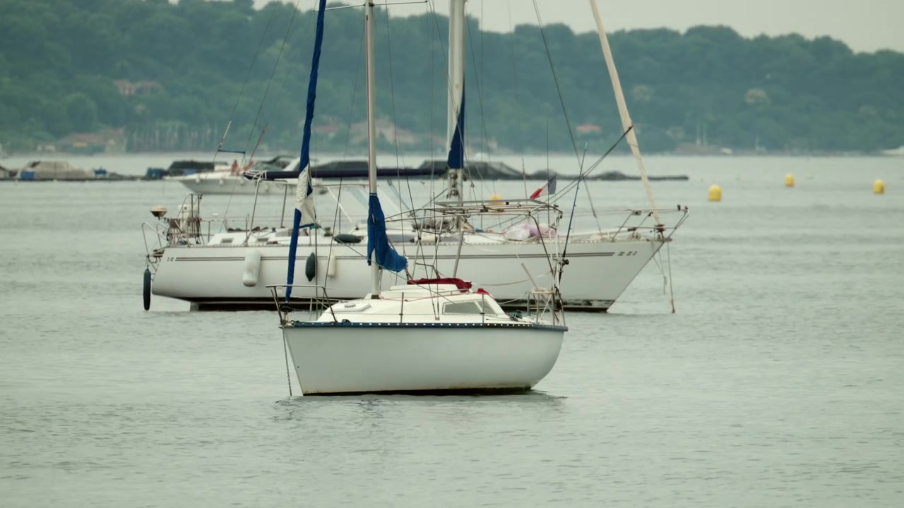 Voiliers ancrés dans une baie tranquille avec une côte boisée en arrière-plan, montrant une scène marine paisible, à Antibes, France.