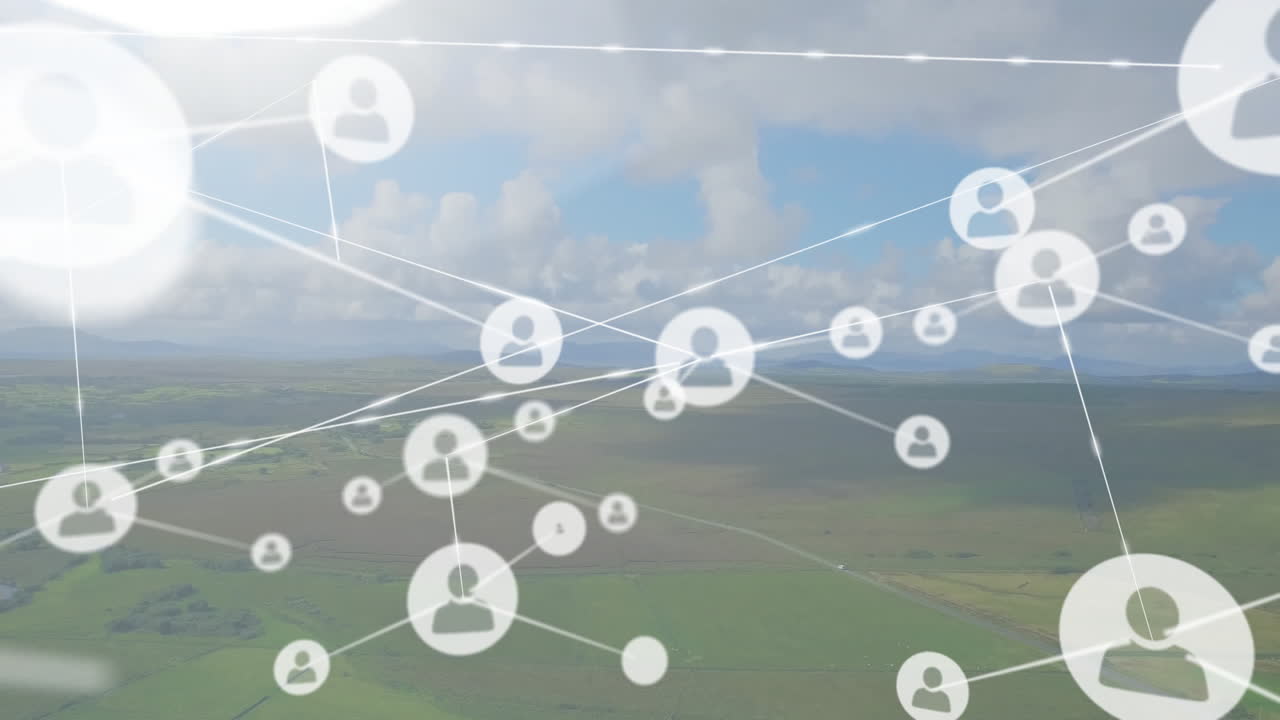 풍경 위의 아이콘으로 연결된 네트워크의 애니메이션