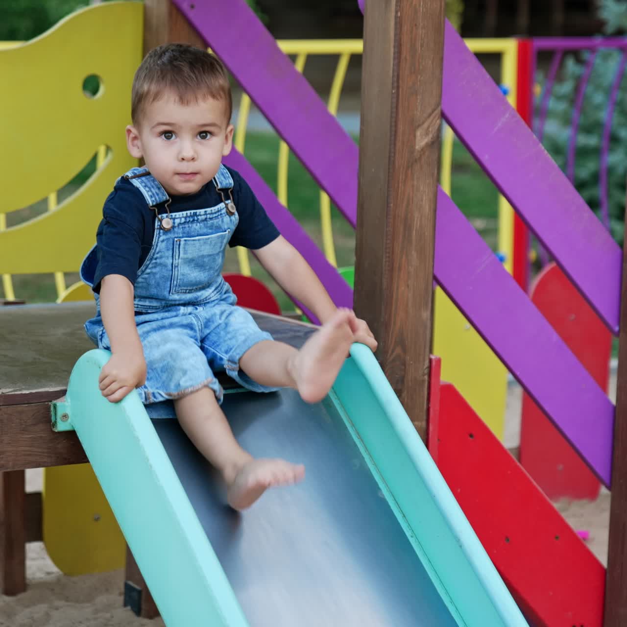 Niño pequeño jugando en el parque. Niño en un jardín de infancia colorido