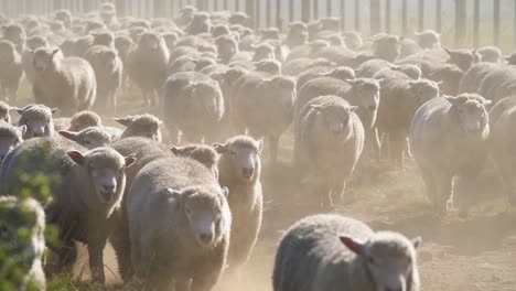 A herd of sheep running in an enclosed pasture in New Zealand - medium shot