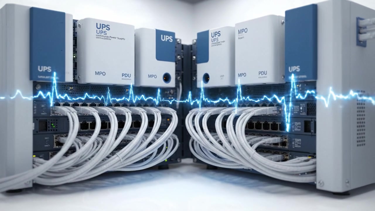 High-tech server room featuring advanced Uninterruptible Power Supply (UPS) systems connected to complex wiring for reliable power management and monitoring capabilities.
