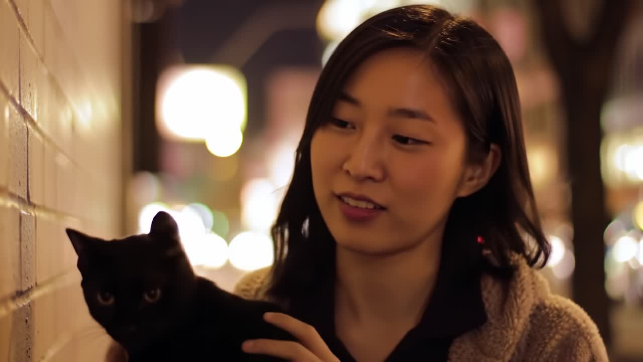 An Evening Stroll: A Young Woman with a Black Cat in a City Street, Enjoying the Warm Glow of Street Lights and a Bonding Moment Under the Night Sky
