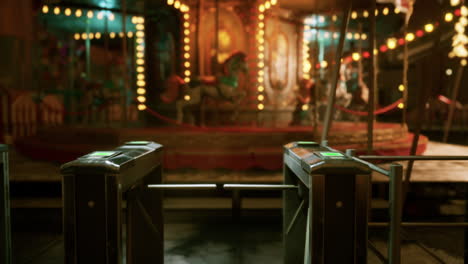 a close-up view of a locked turnstile at a carnival