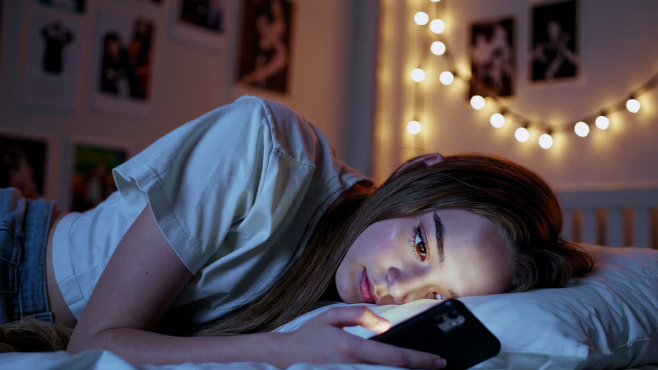 Teenage girl lying in bed using smartphone at night