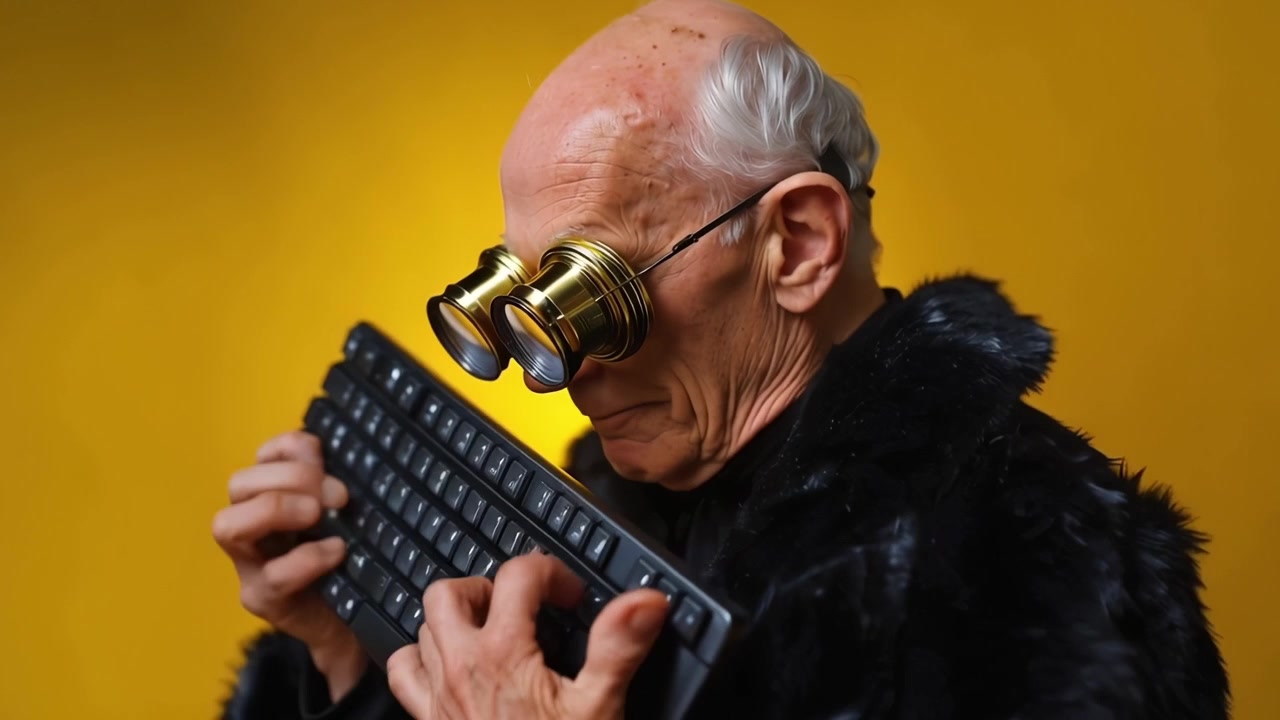 Quirky Elderly Man Wearing Goggles and Typing on Keyboard