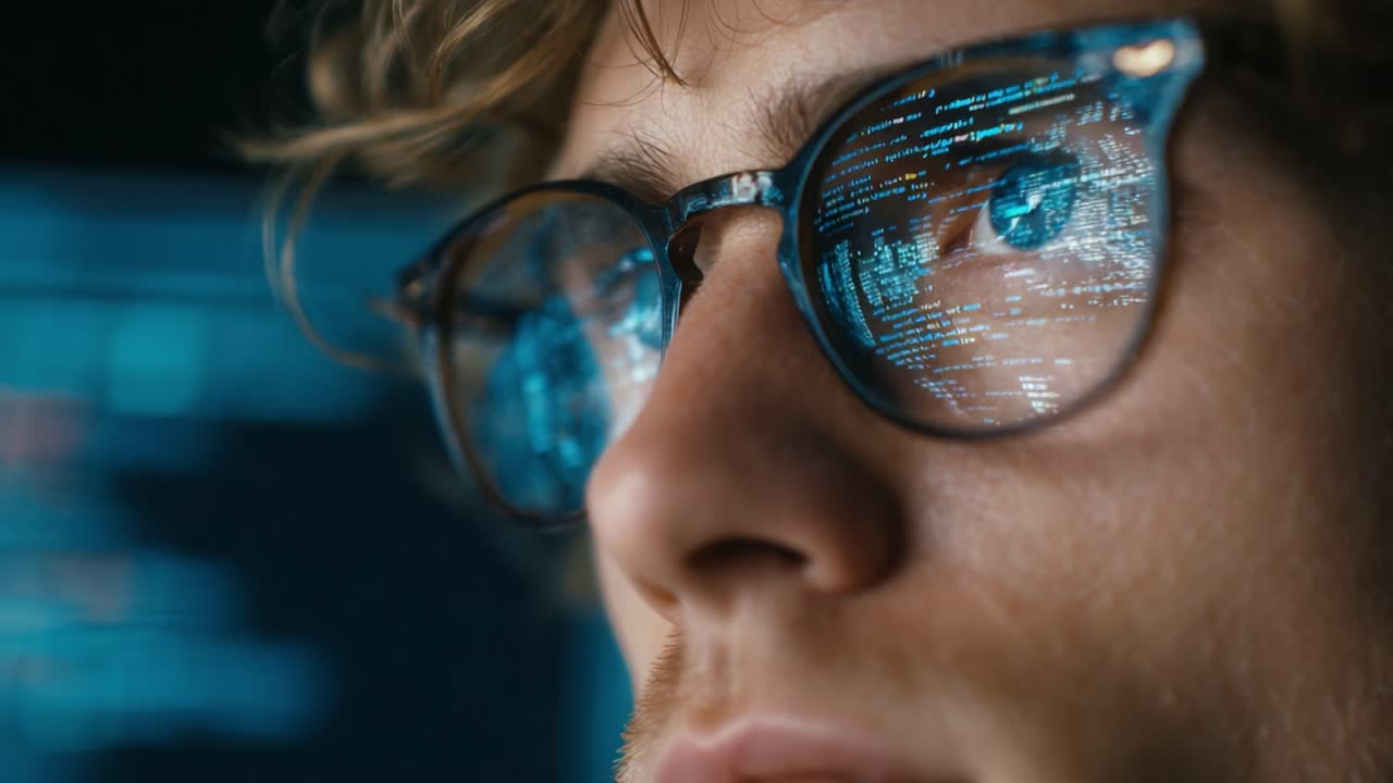 A Focused Individual Analyzing Code Reflections in Glasses While Immersed in Digital Data Analysis in a High-Tech Environment