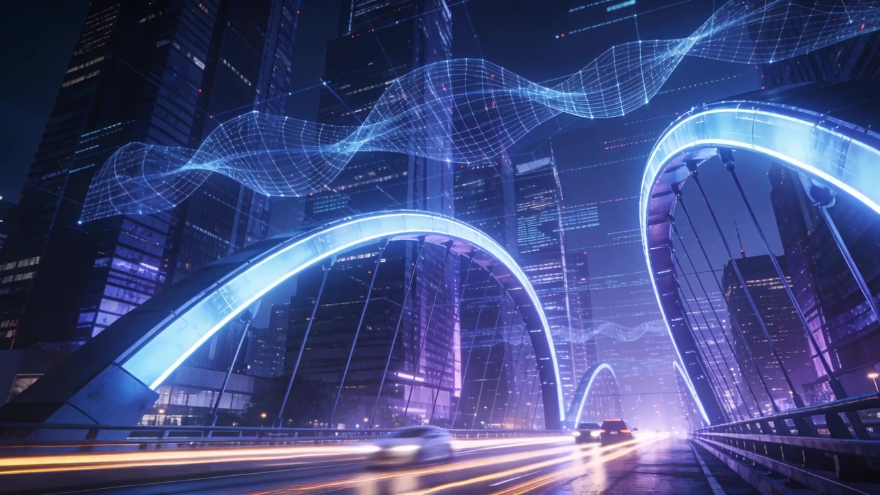 Framing lit arched bridge and digital ribbon at night, rear light entering starting cars streaking