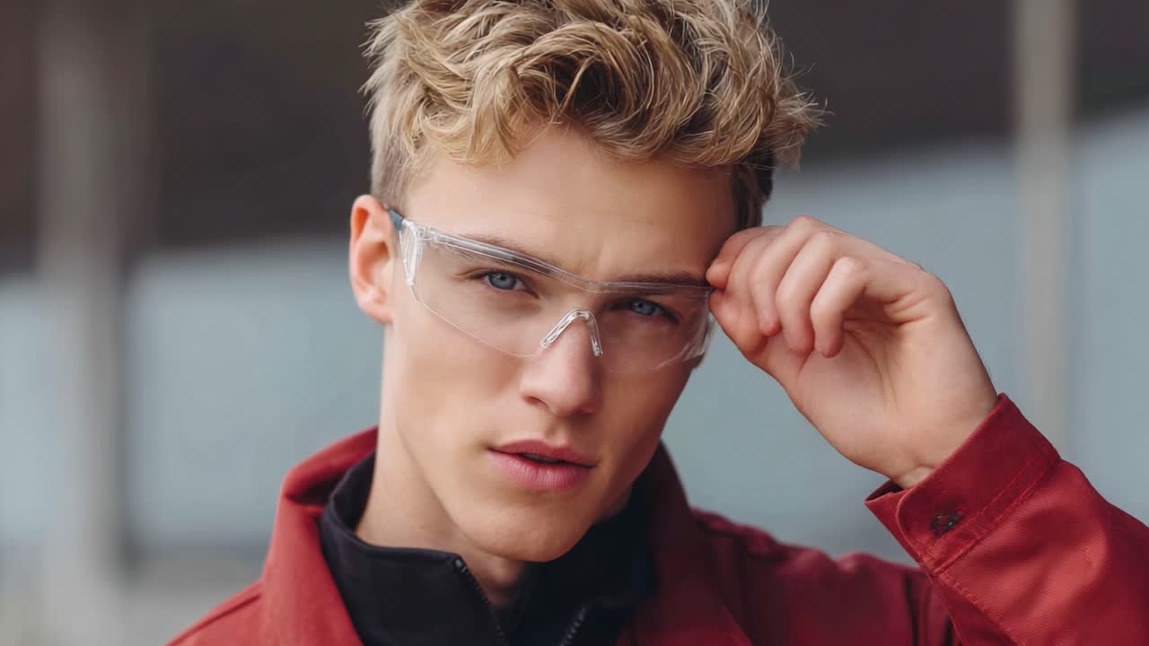 Um jovem de óculos de proteção e jaqueta vermelha, demonstrando confiança e foco em um ambiente industrial contemporâneo