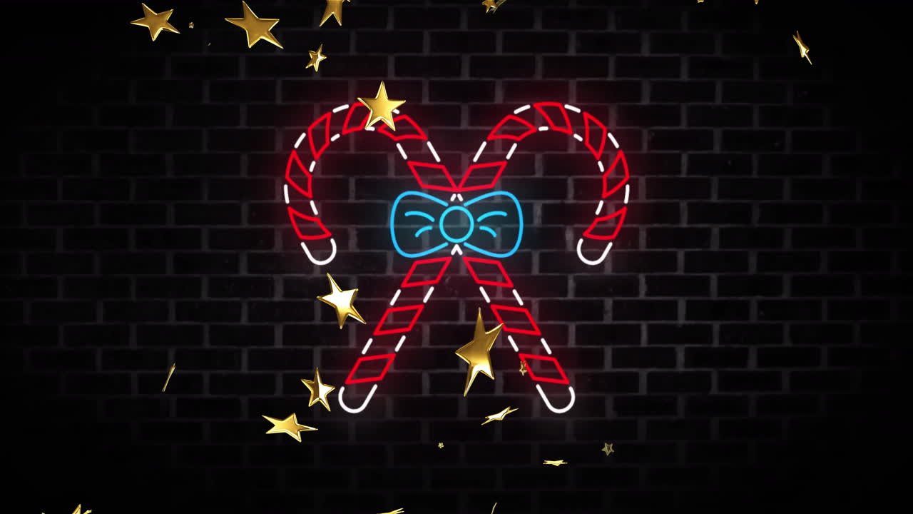 Animation of neon candy canes christmas decoration over stars falling on black background