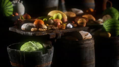 food table with wine barrels and some fruits, vegetables and bread