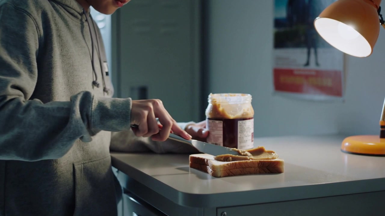 Raccogliendo la crema dal barattolo, uno studente con felpa col cappuccio la spalma sul pane preparando un panino alla scrivania, spazio per il testo