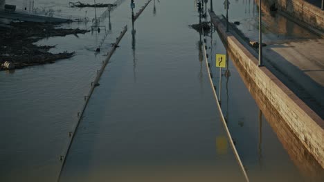 flooded city streets: aerial view of urban flooding and damage