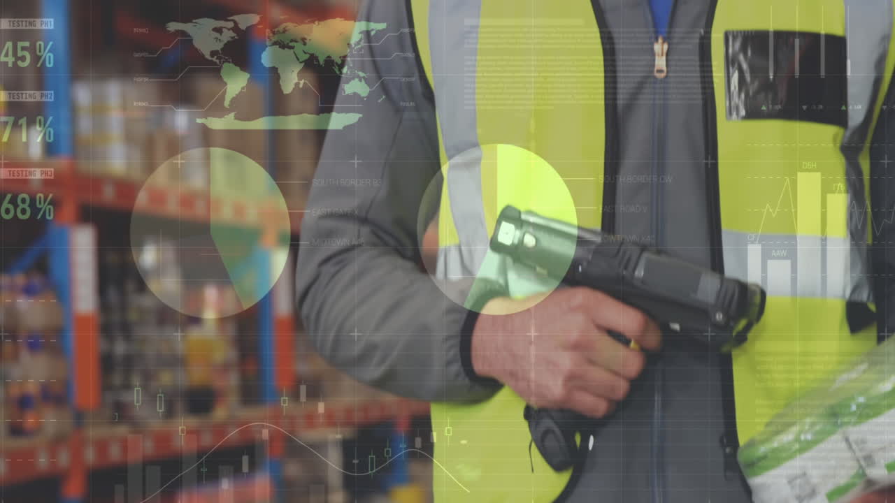 창고에서 일하는 사람에 대한 데이터 처리 애니메이션